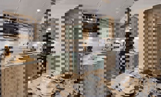 Contemporary kitchen with sage cupboards and black cooking appliances