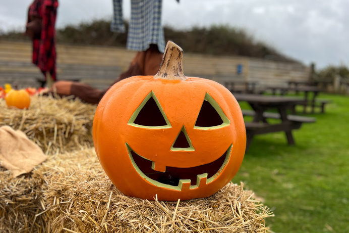 A halloween carved pumpkin on a hay bale