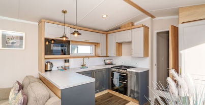 Internal of a caravan open plan kitchen