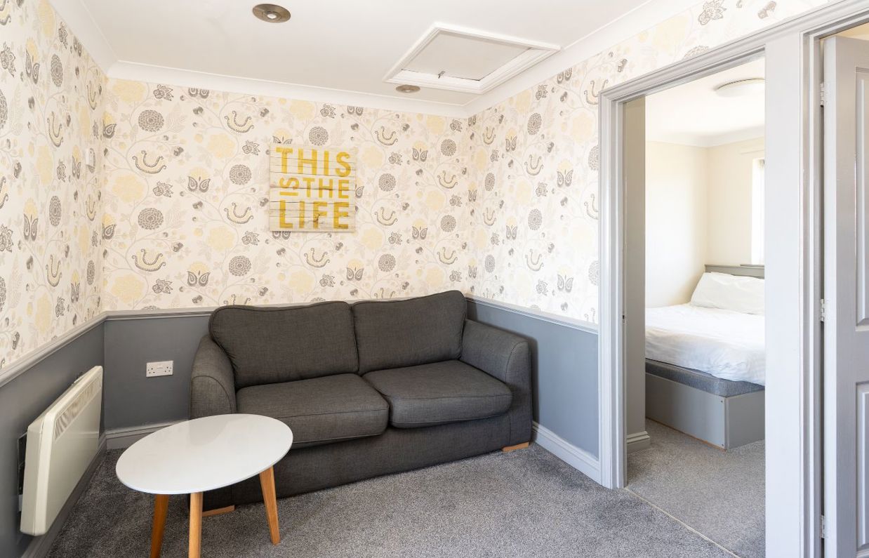 Open plan lounge area in Chesil Beach apartments