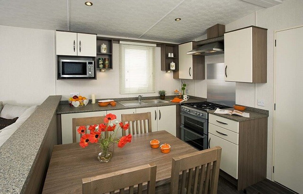 Internal of a caravan open plan kitchen diner