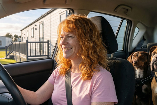 A smiling woman driving a car on a holiday park with two dogs in the back
