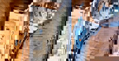 Outdoor shower connecting to internal bathroom