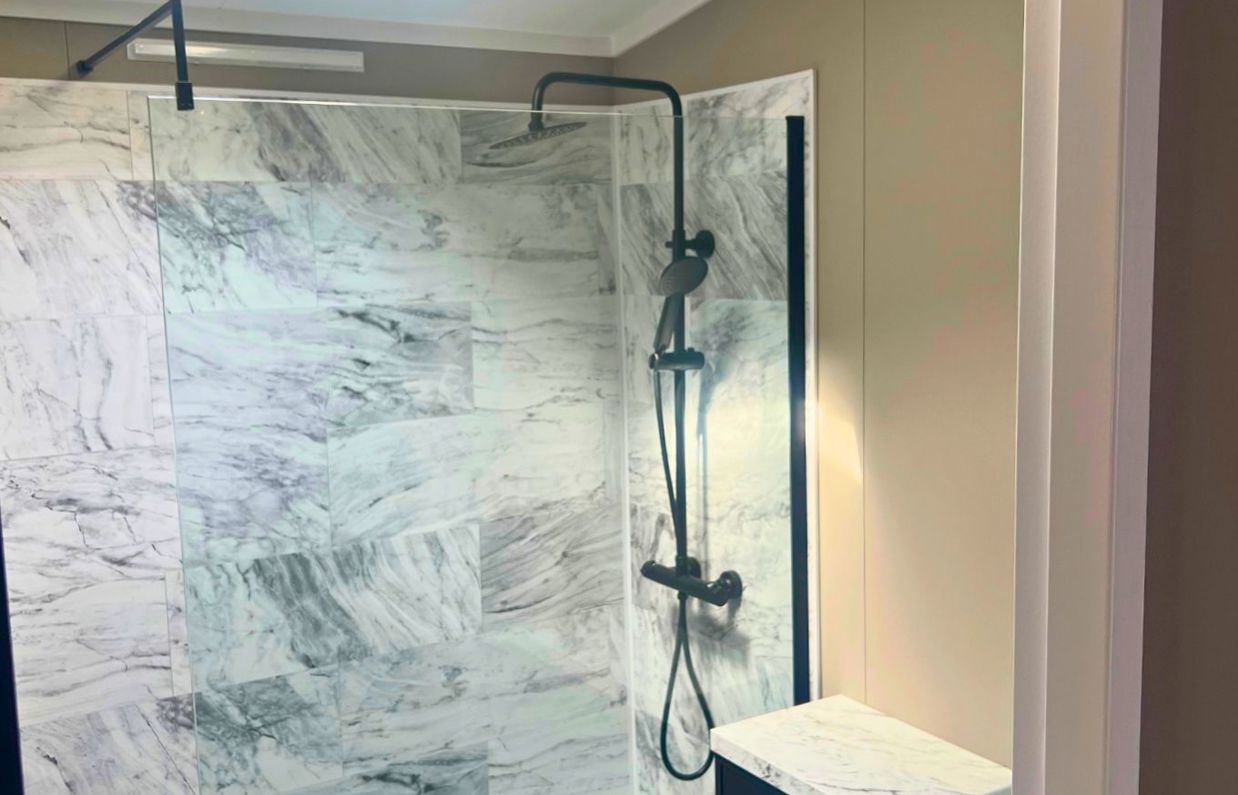 Internal of a lodge bathroom with shower