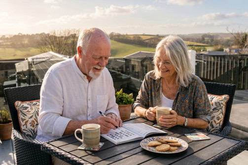 An older couple sat at a table on the decking of a holiday home doing a crossword with tea and biscuits with rolling hills in the background
