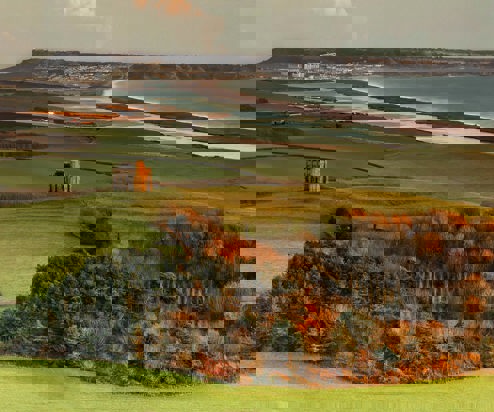 St Catherine's Chapel with views of Chesil Beach and Portland