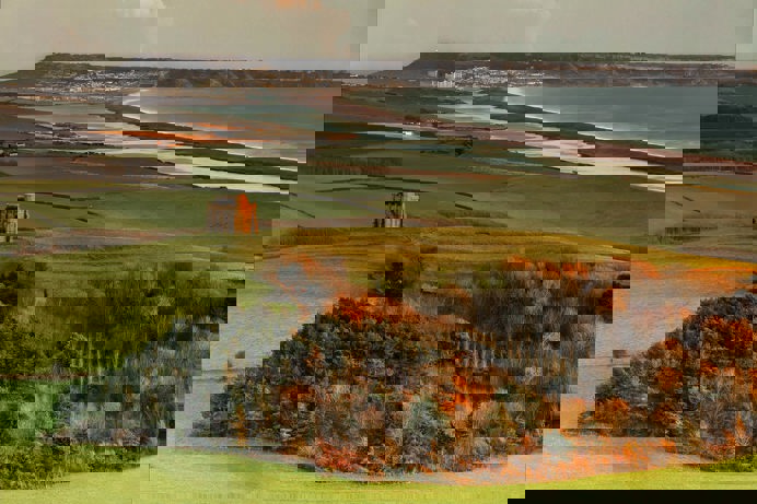 St Catherine's Chapel with views of Chesil Beach and Portland