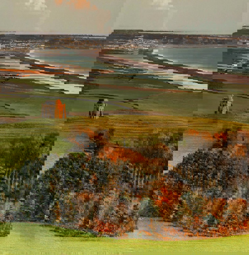 St Catherine's Chapel with views of Chesil Beach and Portland