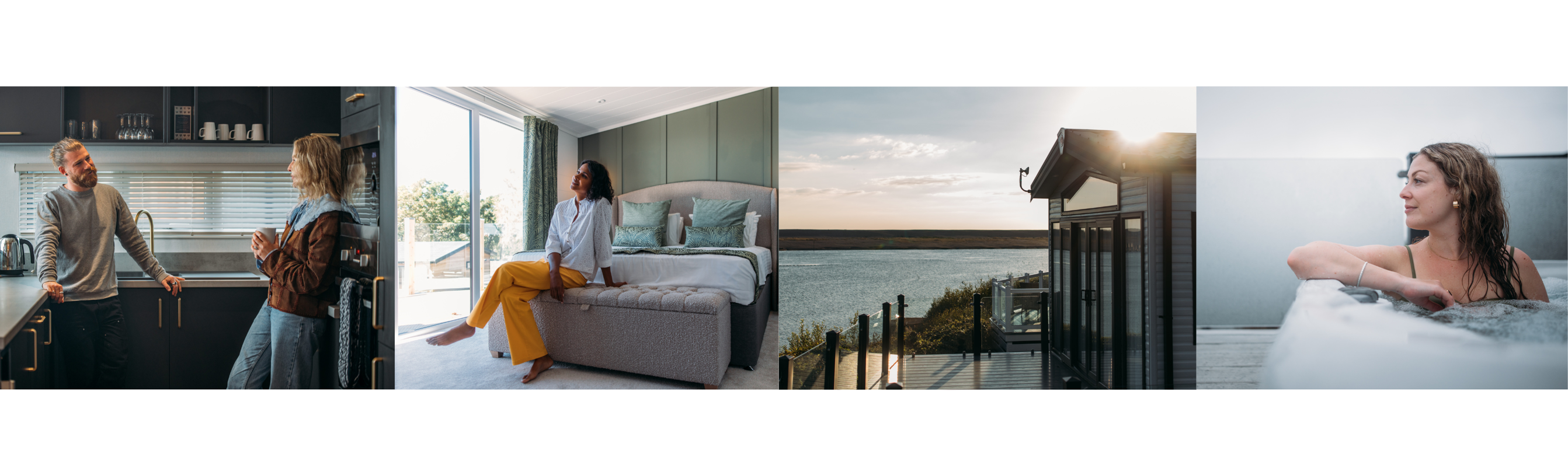 A selection of images including a couple in the kitchen of a lodge, a lady sat on a bed in a master bedroom of a lodge, a holiday home overlooking the sea and Chesil Beach at sunset and a lady in a hot tub