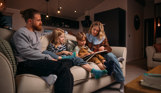 Family cosily reading stories on sofa in holiday home