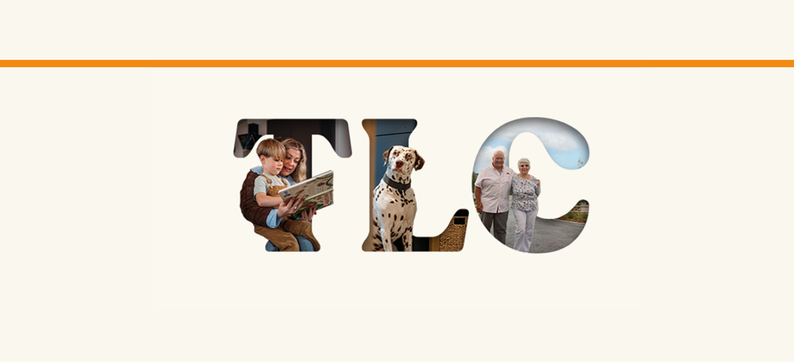 The letters TLC made out of images of people and dogs on a cream background