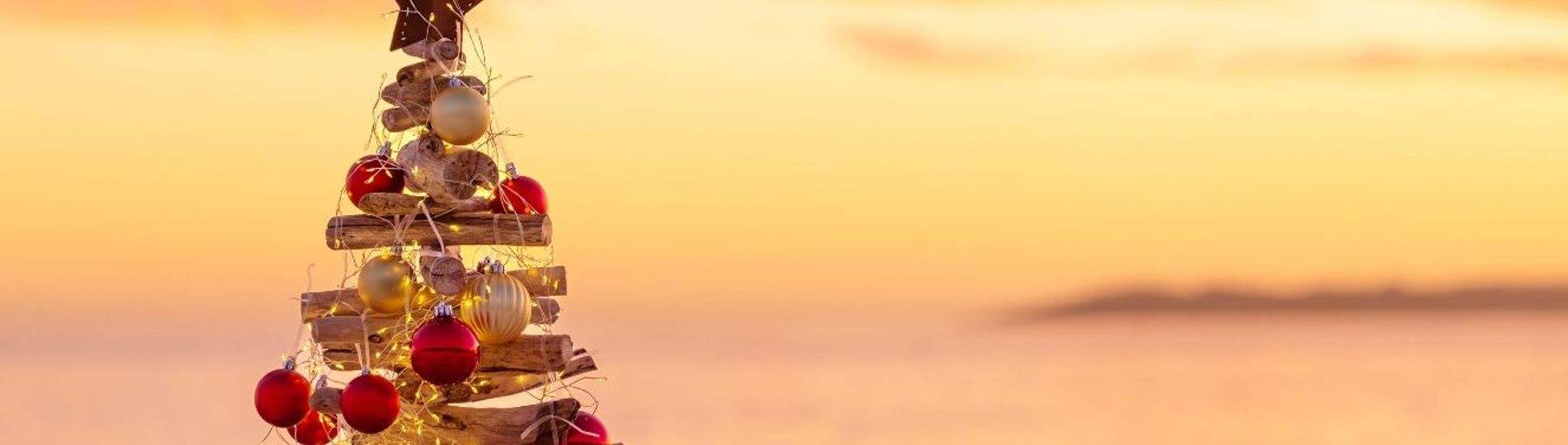 A driftwood christmas tree on sand at the beach with seaviews and striking orange and pink sky