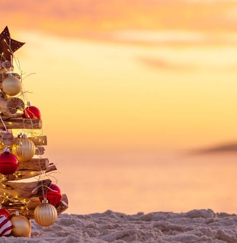 A driftwood christmas tree on sand at the beach with seaviews and striking orange and pink sky