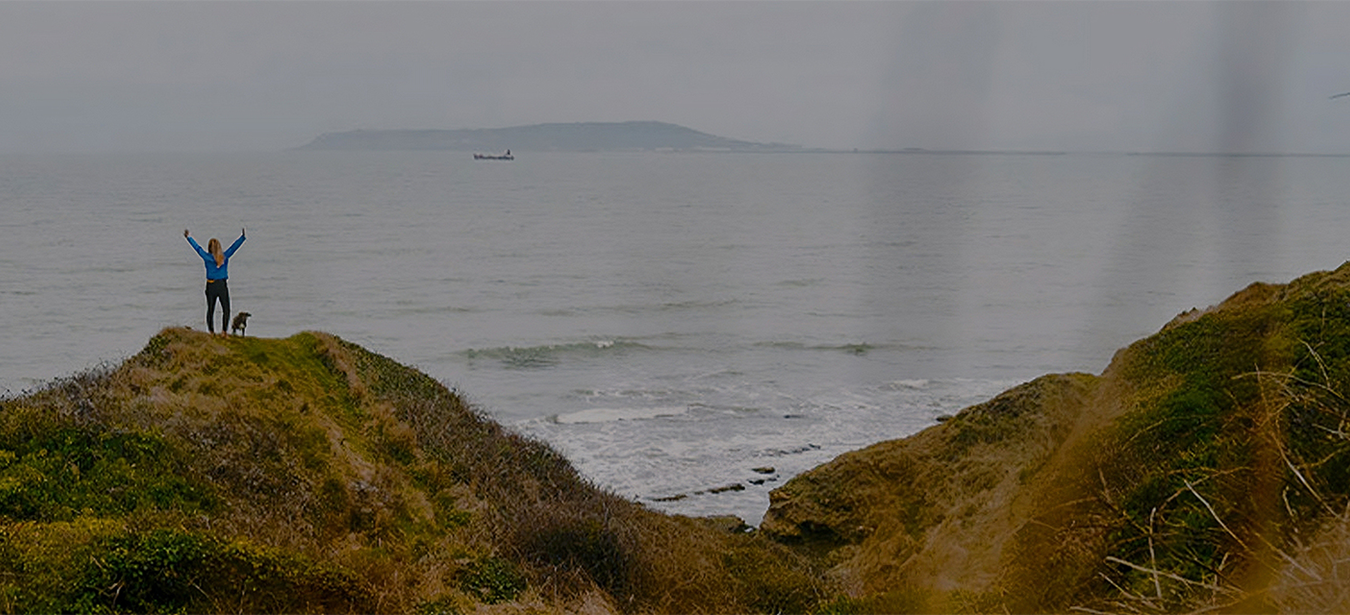 A woman on a cliifside on a rainy grey day with her arms in the air and a dog