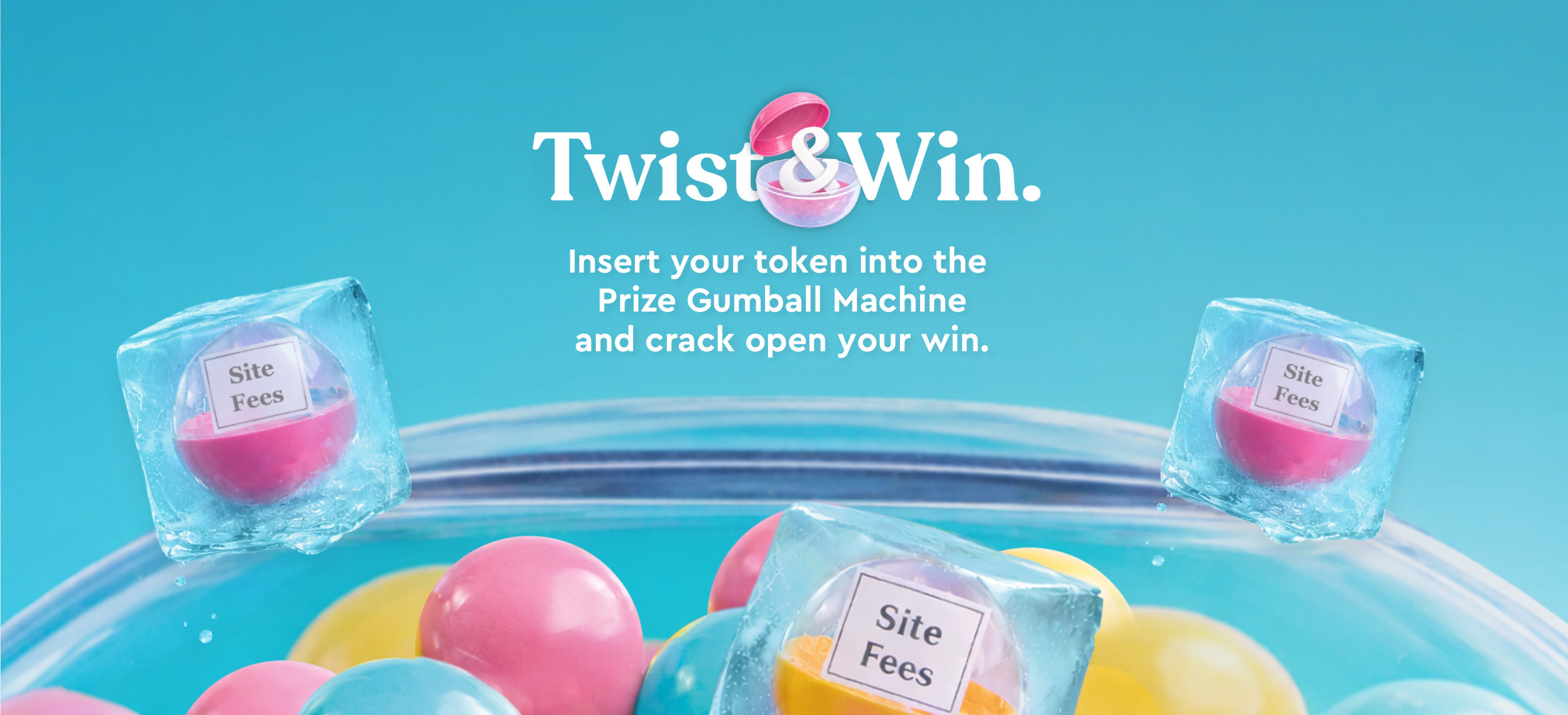 The top of a gumball machine filled with gumballs and surrounded by ice cubes containing gumballs