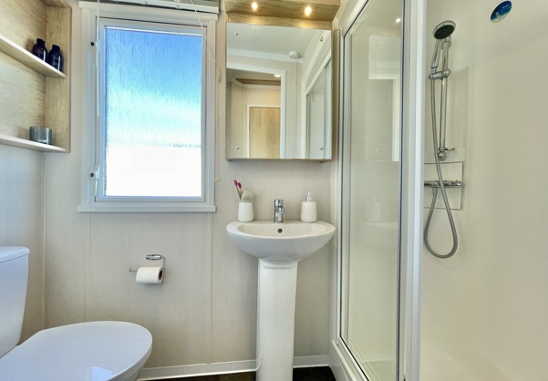 Internal of a caravan bathroom with shower, sink and toilet