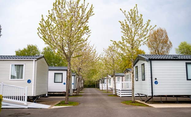 A row of caravans on a caravan park surrounded by trees