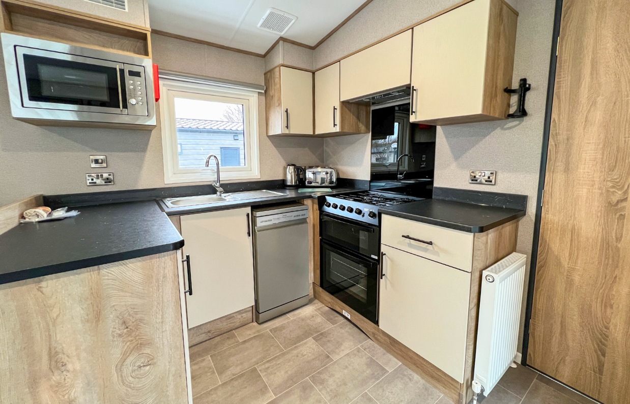 Internal of a caravan open plan kitchen