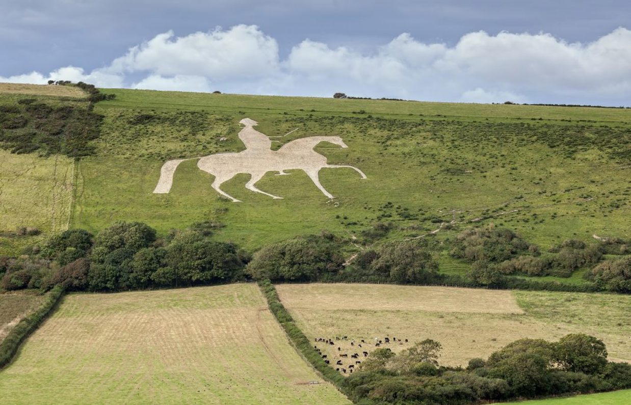 A white horse with King George riding it made out of stone carved out on the hillside