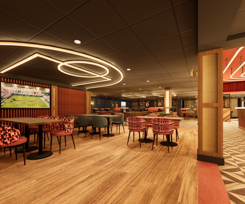 A CGI image of a new sports bar with tables and chairs, a bar and TV screens