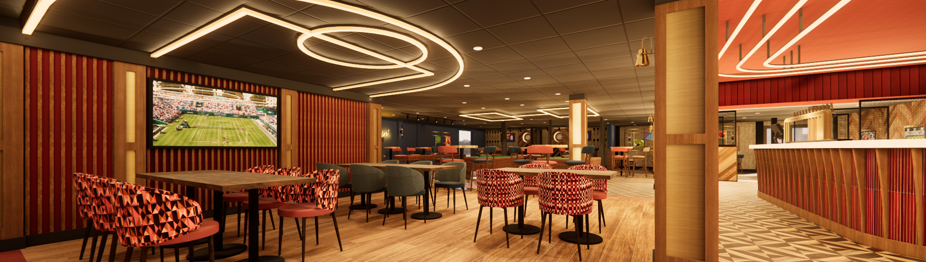 A CGI image of a new sports bar with tables and chairs, a bar and TV screens