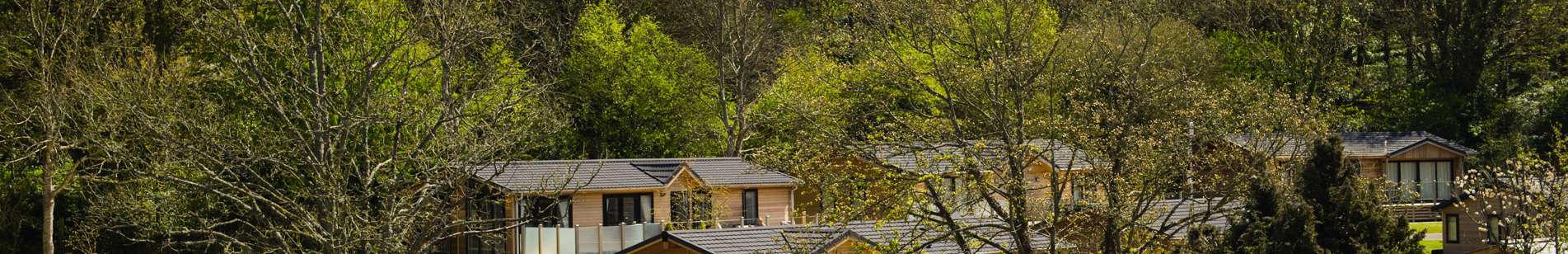 Holiday lodges among woodland at the bottom of rolling countryside hills on a sunny, blue sky day