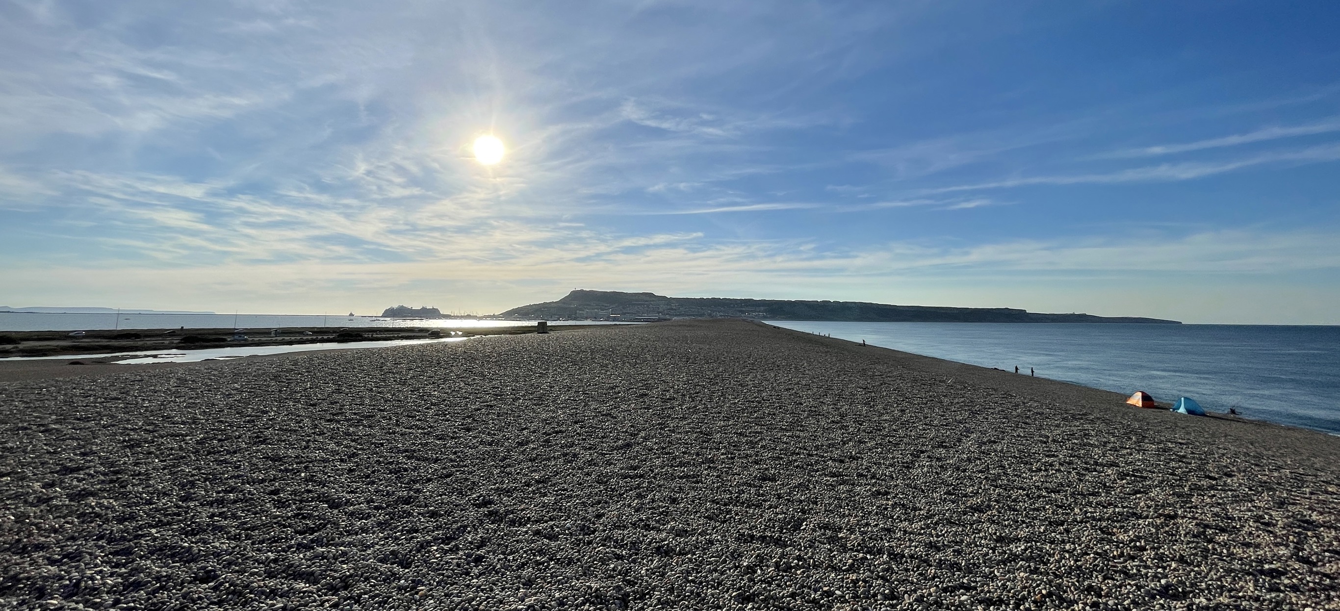 Top of Chesil Beach looking down to Portland 