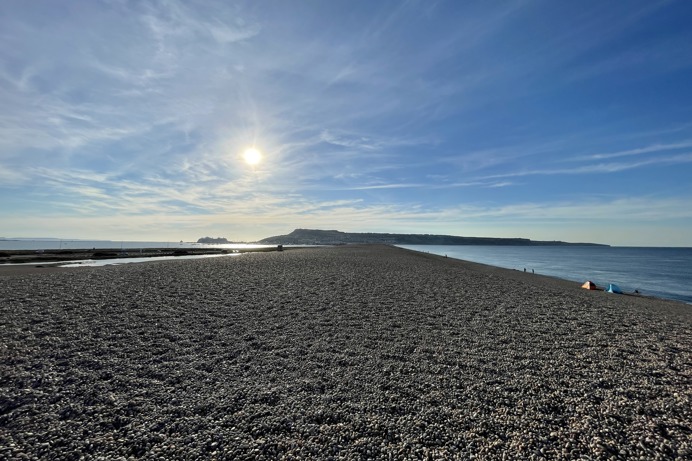 Top of Chesil Beach looking down to Portland 