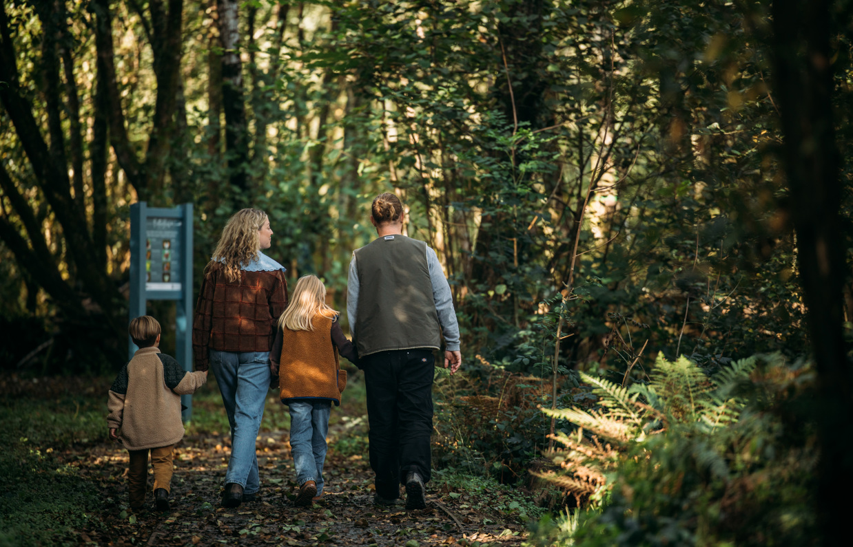 A family of four walking along a nature path among woodland in the sun
