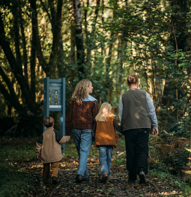 A family of four walking along a nature path among woodland in the sun