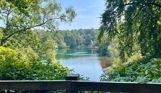 A lake surrounded by trees and woodland on a sunny blue sky day