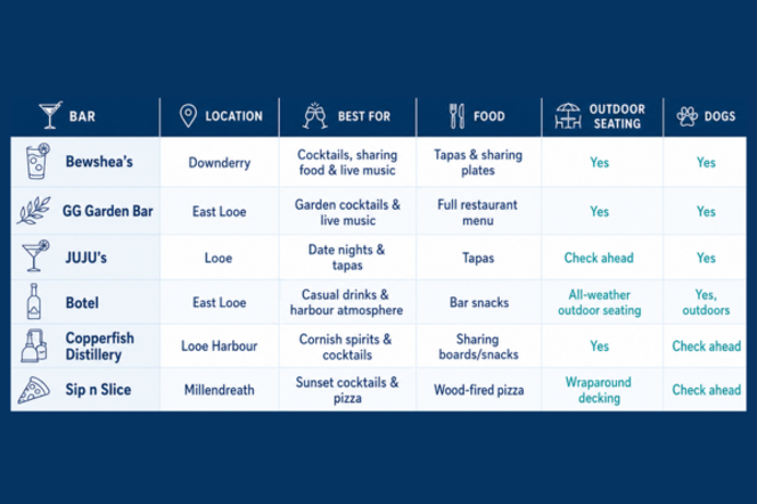 A table graphic displaying different cocktail bars in Cornwall and information about them