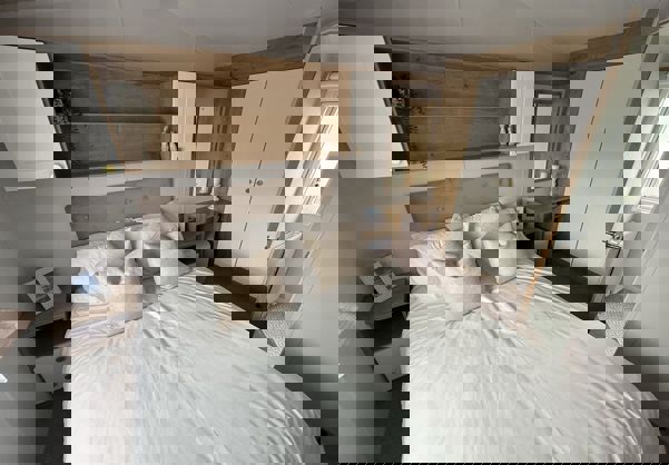 Internal of a caravan master bedroom with ensuite