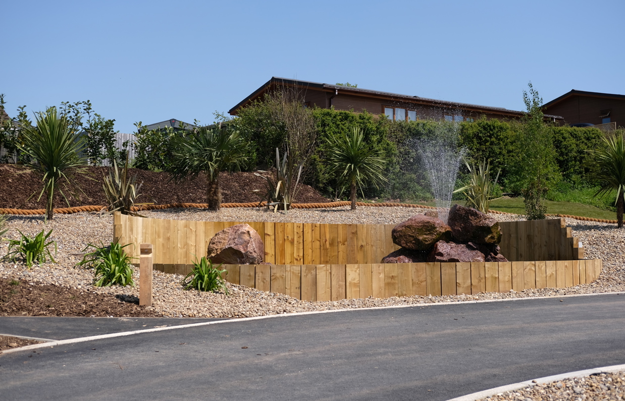 The water feature at the entrance to Samphire Cove on Tregoad Holiday Park