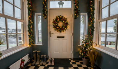 The front door to the Manor House at Tregoad Holiday Park decorated for Christmas