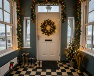 The front door to the Manor House at Tregoad Holiday Park decorated for Christmas