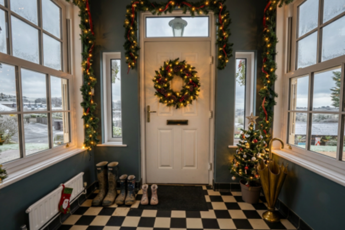 The front door to the Manor House at Tregoad Holiday Park decorated for Christmas