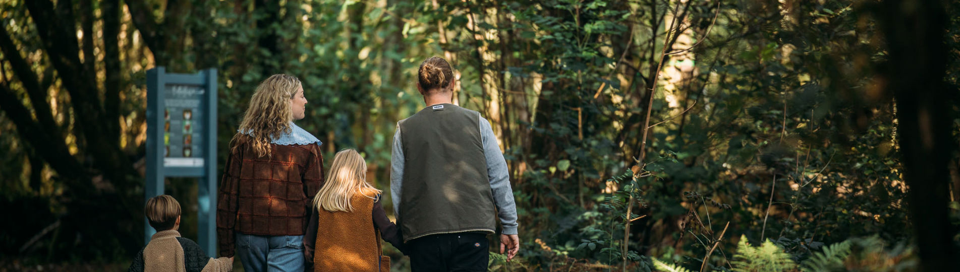 A family of four walking in the woods
