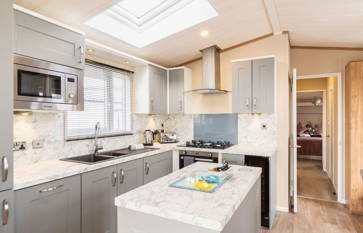 Internal of a caravan open plan kitchen