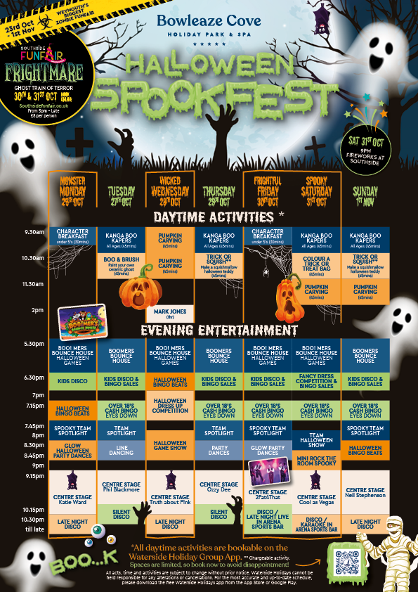 A schedule of Halloween events at Bowleaze Cove Holiday Park & Spa 
