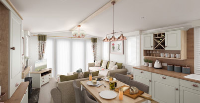 Internal of a caravan open plan lounge diner