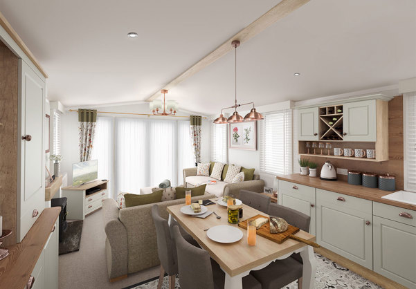 Internal of a caravan open plan lounge diner