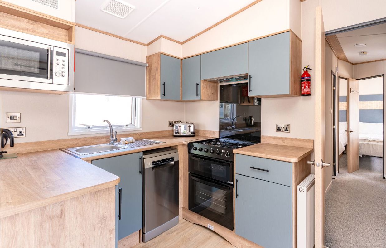 Internal of a caravan open plan kitchen