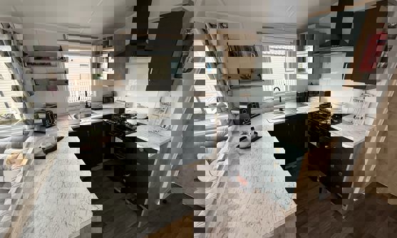 Internal of a caravan open plan kitchen