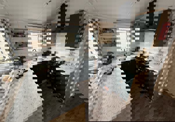 Internal of a caravan open plan kitchen