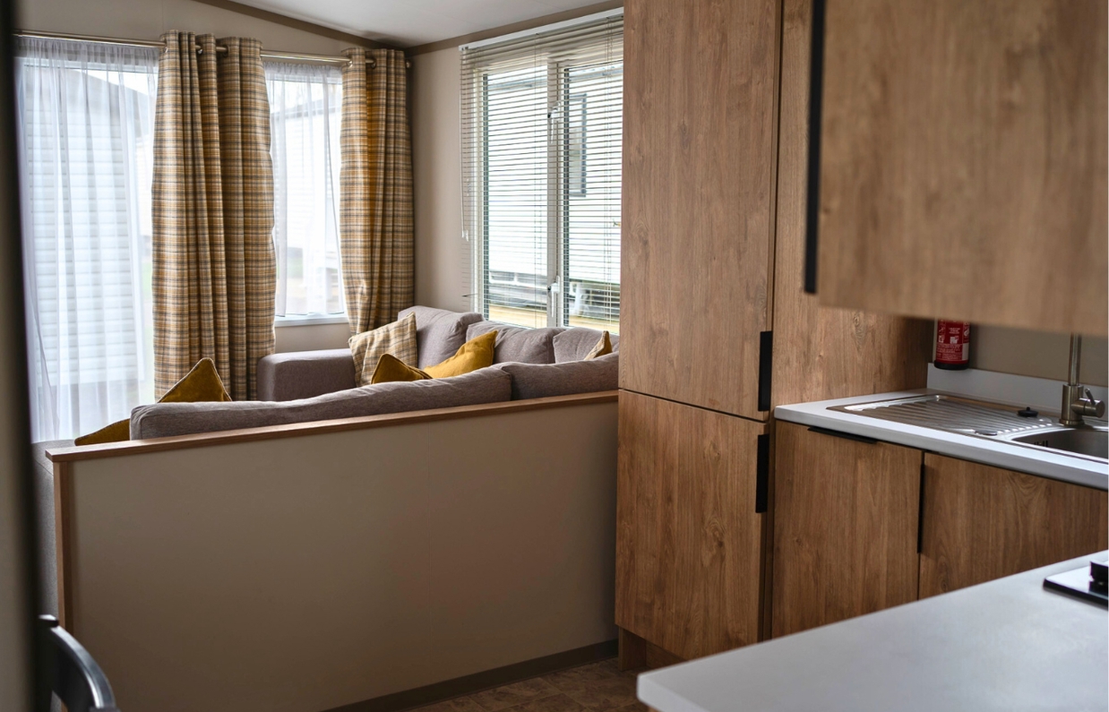 Internal of a caravan open plan kitchen lounge