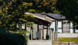Holiday lodges among woodland on a sunny, blue sky day