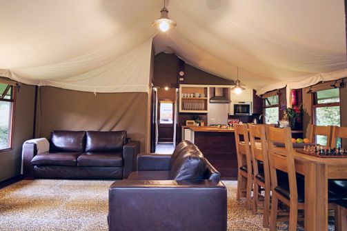 Internal of safari tent open plan living space
