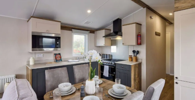 Internal of a caravan open plan kitchen diner