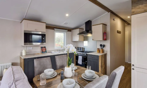 Internal of a caravan open plan kitchen diner